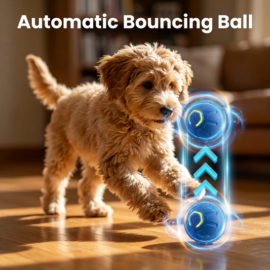 Dog playing with a glowing blue and purple toy on a wooden floor.